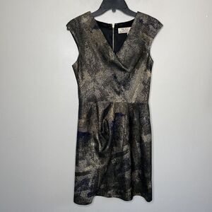 LELA ROSE Dress Womens 6 Olive Green Gold Metallic Knee Length Silk-Lined Sheath